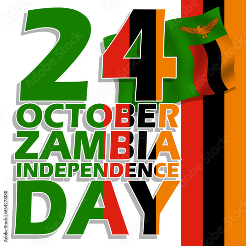 Waving Zambian flag with number, bold text and ribbon on white background to commemorate Zambia Independence Day on October 24