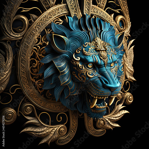 Majestic Mayan Lion: Intricate Blue and Gold Artistry Against a Stark Black Background