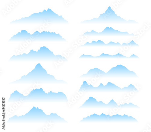 Silhouette mountains on a white background. Mountains sketch set. Blue mountains in the distance. Mountain Shapes For Logos