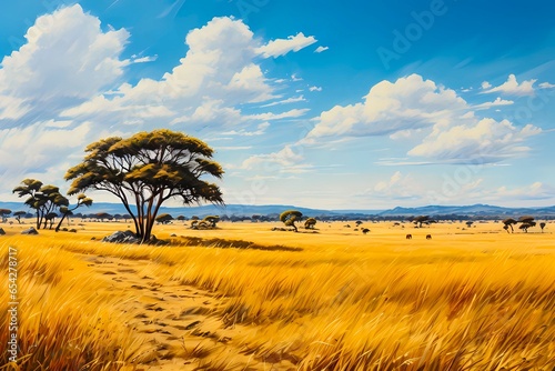 Panoramic View of the Serengeti Plains in Impressionistic Style