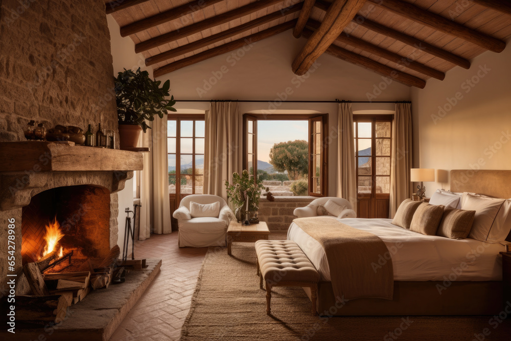 Create a cozy retreat with elegant Tuscan-inspired bedroom decor, featuring warm earthy tones, rustic wooden furniture, and soft ambient lighting for a truly inviting interior.