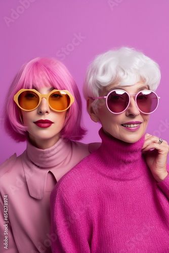 Two middle age women dressed in pink and wearing sunglasses. In the style of vibrant and textured. Candid moments captured photo