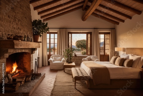 Create a cozy retreat with elegant Tuscan-inspired bedroom decor, featuring warm earthy tones, rustic wooden furniture, and soft ambient lighting for a truly inviting interior.