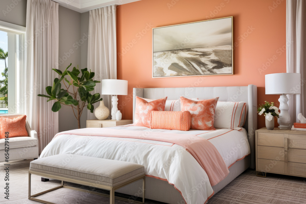 A Captivating Coral Bedroom Interior: Creating a Serene Oasis of Warmth, Tranquility, and Comfort with Refreshing Textiles and Cozy Furniture.