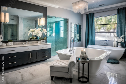 A Luxurious Bathroom Retreat with Chic Teal Accents  Exuding Tranquility and Elegance  Serene Oasis of Rejuvenating Fixtures  Stylish Furniture  and Refreshing Color Scheme.