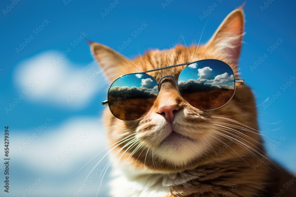 One close up cat wearing suglasses. One close up cat wearing suglasses.