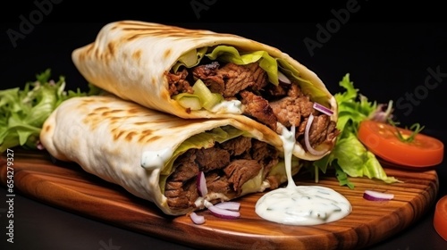 Beef shawarma sandwich fresh roll, wrap of grilled meat and salad tortilla wrap with white sauce. turkish Doner Kebab on a lavash - Shawarma Beef.