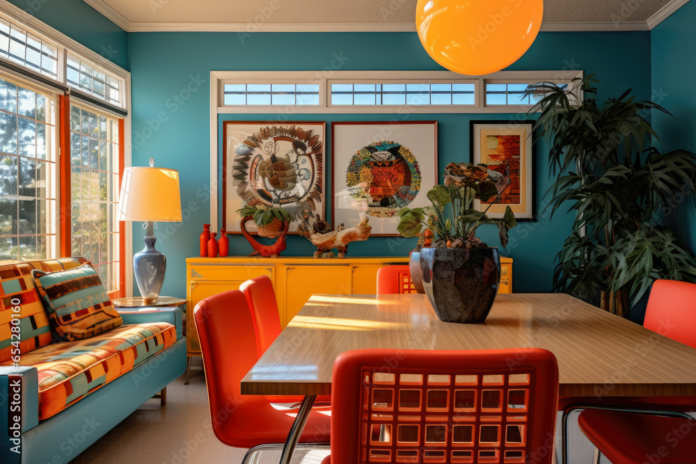 Step into a vibrant and nostalgic 1980s dining room with eyecatching