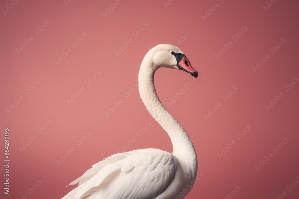Fototapeta premium One close up swan on pink background.