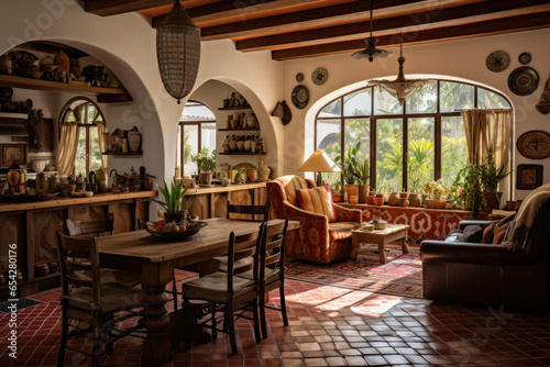 A captivating Mediterranean Bohemian dining room with vibrant patterns  natural materials  and intricate wooden accents  creating an inviting ambiance adorned with artistic and ornate furniture