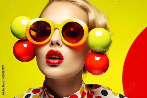 Close up fashion studio photo of an elegant blond woman in trendy red lipstick on yellow background. Vibrant colors