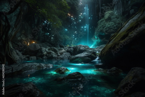 Beneath a cascading waterfall, a hidden grotto reveals a symphony of bioluminescent creatures, their gentle glow creating a mesmerizing underwater orchestra of light and sound.