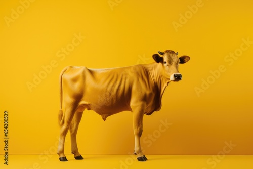 One close up brown cattle on coloured background.