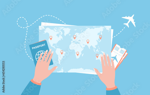 Travel route planning. Hands on world map with passport and plane tickets, top view. Flat vector illustration