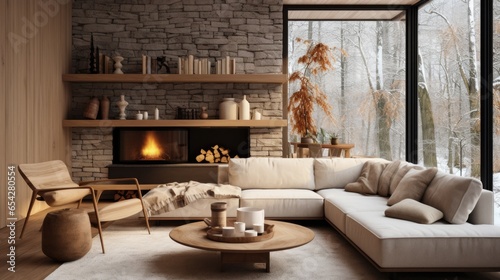 Stylish interior with design sofa, armchair, coffee tables, dried flowers in vase, decoration and elegant personal accessories in modern home decor.