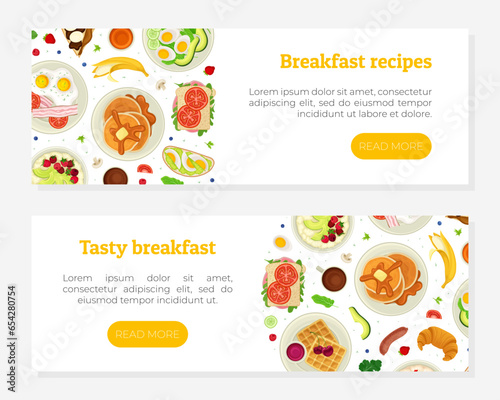 Breakfast Tasty Food Banner Design with Served Meal Vector Template