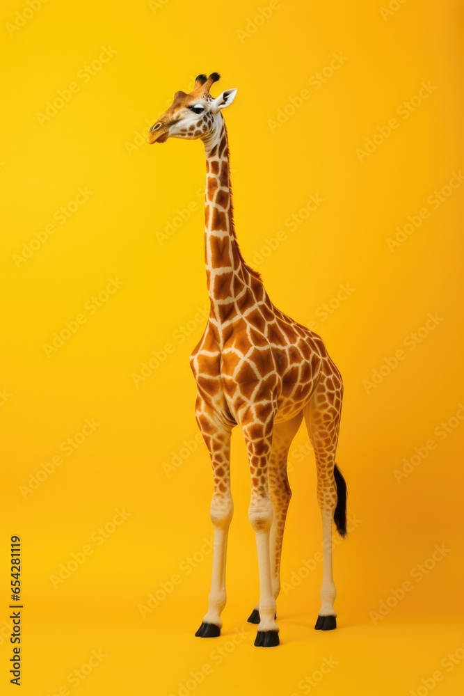 One full giraffe on orange colour background.