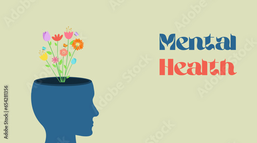 head with flower,mental health concept.cartoon vector illustrations.