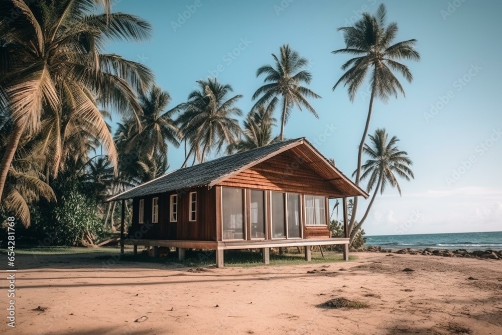 Wooden beach bungalow by the ocean with old house and palm trees, exuding adventure vacation and exploration vibe. Generative AI