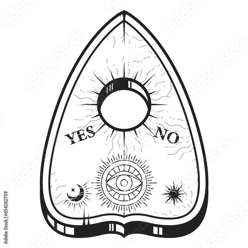 Ouija pointer for spirit talking board, spiritualism session board with occult symbols, vector
