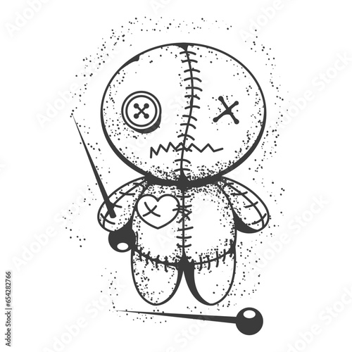 Voodoo doll, Halloween rag voodoo doll with needle in hand, vector