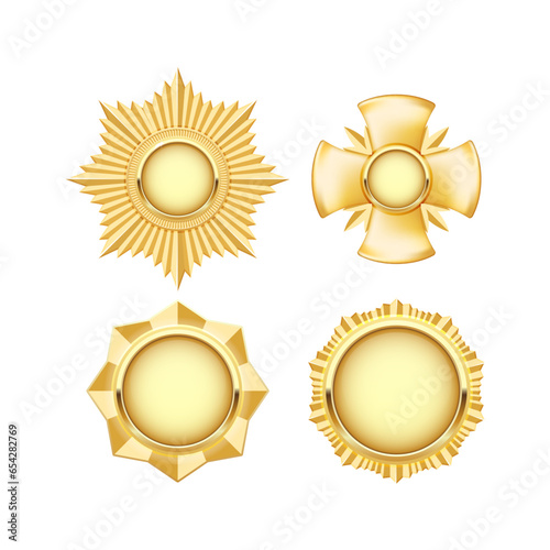 Golden medal and insignia, cogged  star and cross, award medallion, military badge, vector
