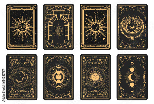 Photo Tarot cards batch reverse side, magic frame with esoteric patterns and mystic sy