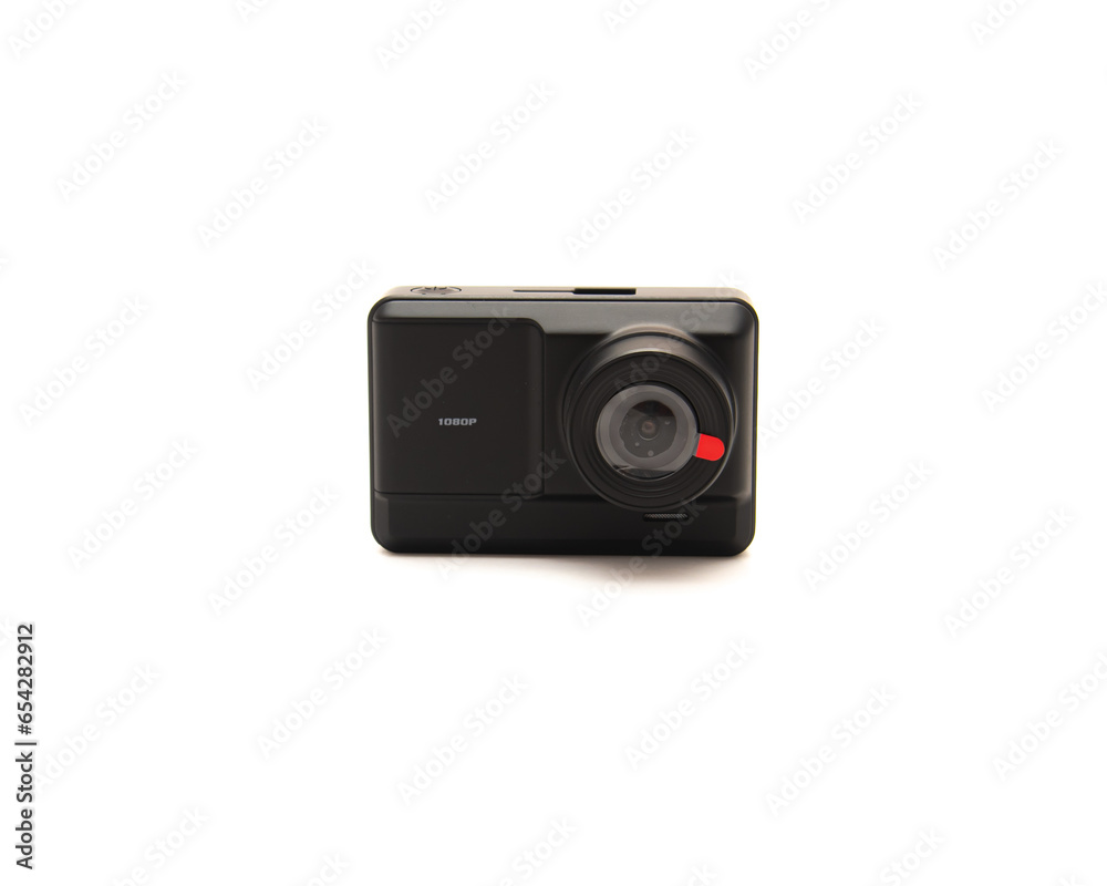 Brand new back dash cam camera with wide-angle lens and Full HD 1080P IPS display isolated on white background, safety and surveillance solution transportation