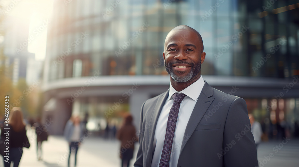 Cheerful smiling adult man in a business suit standing in city center looking at camera, copy space Cheerful smiling adult man in a business suit standing in city center looking at camera, copy space