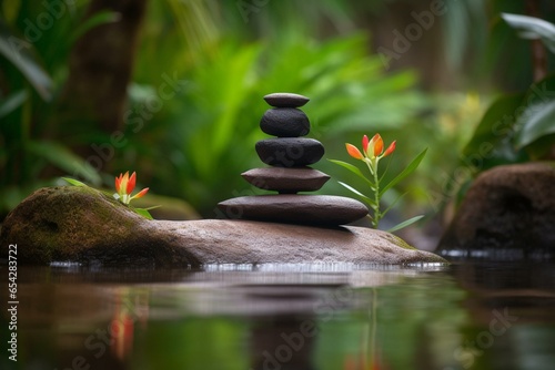Balanced pyramids of Zen meditation stones surrounded by green leaves and flowers in water, against a tropical forest backdrop. Symbolizing harmony, balance, meditation, spa, massage,. Generative AI