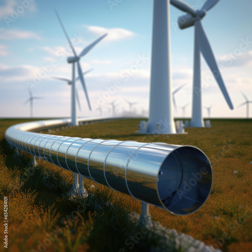 Wind turbine farm power generator in beautiful nature landscape for production of renewable green energy. Generative AI