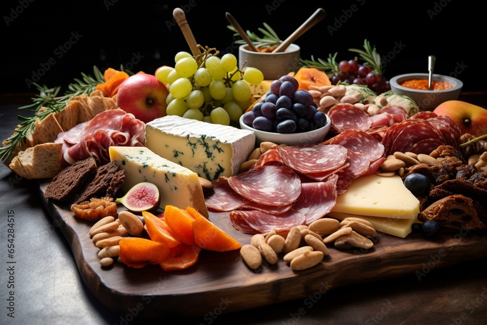 Assorted platter with meats, cheeses, fruits, and nuts. Generative AI