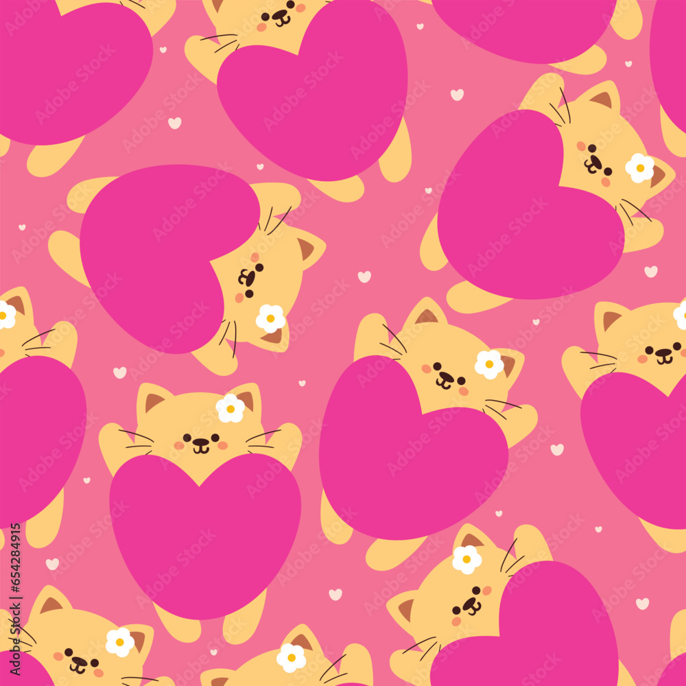 seamless pattern cartoon cat with big pink heart. cute animal wallpaper for textile, gift wrap paper