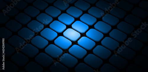 Blue, grid and light on black wallpaper with pattern, texture and digital matrix on cyber connection. Neon lighting, future technology and system information button, tiles or keys on dark background