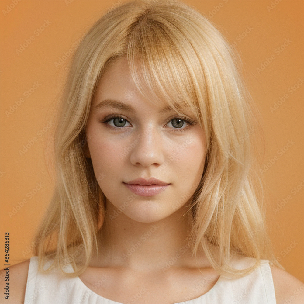 portrait of a beautiful young woman with blonde hair on orange background portrait of a beautiful young woman with blonde hair on orange background