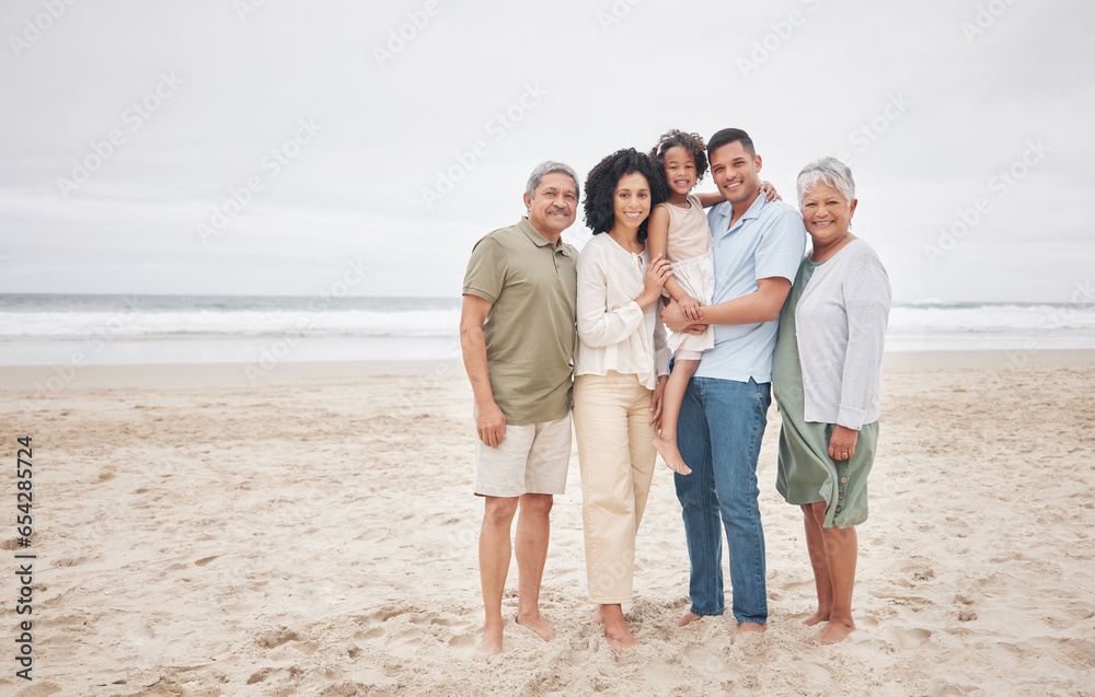 Portrait, smile and big family at beach outdoor on holiday, vacation and travel. Happy grandparents, parents and child at ocean bonding together for love of father, mother and kid on mockup space Portrait, smile and big family at beach outdoor on holiday, vacation and travel. Happy grandparents, parents and child at ocean bonding together for love of father, mother and kid on mockup space