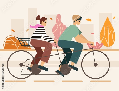 Autumn illustration girl and boy ride on bike.