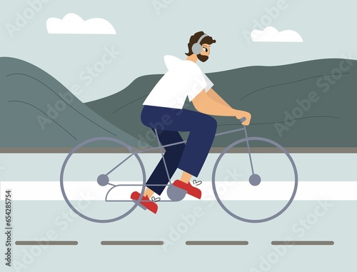 Autumn illustration manride on bike with mountains view.