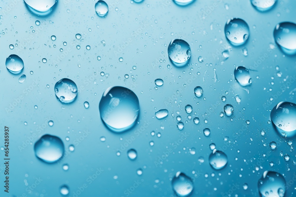 Transparent water drops on blue background. Realistic liquid. Abstract backdrop. Hydration concept.
