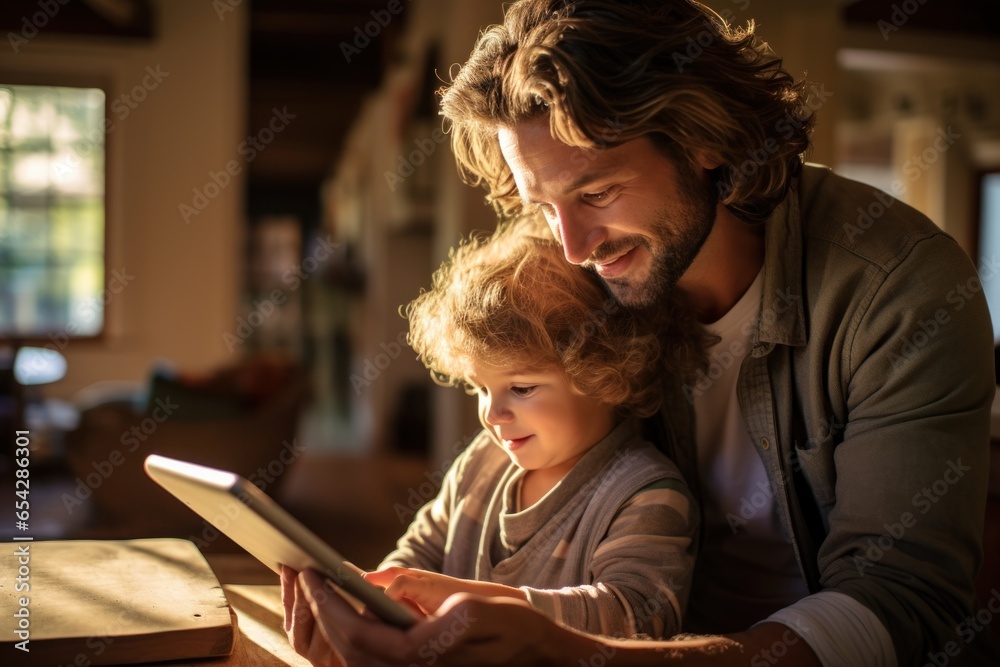 Father and son play and learn from the tablet together. Generative AI. Father and son play and learn from the tablet together. Generative AI.