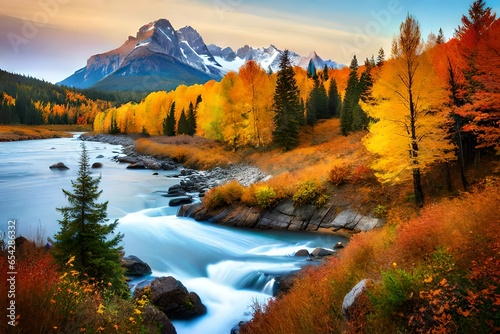 A tranquil river winding through a colorful autumn forest