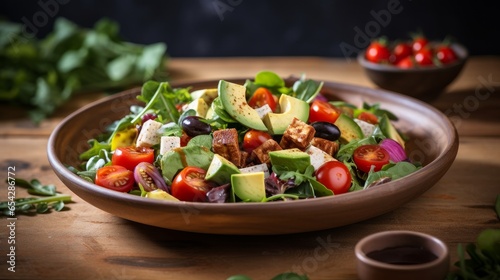 Flexitarian salad. A semi-vegetarian diet, also called a flexitarian diet, is one that is centered around plant foods and with the occasional inclusion of meat. photo