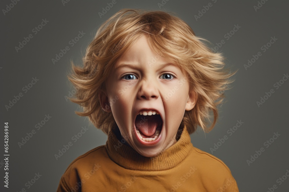 A young boy with his mouth open wide in surprise or excitement. This image can be used to depict astonishment, curiosity, or amazement. - obrazy, fototapety, plakaty 