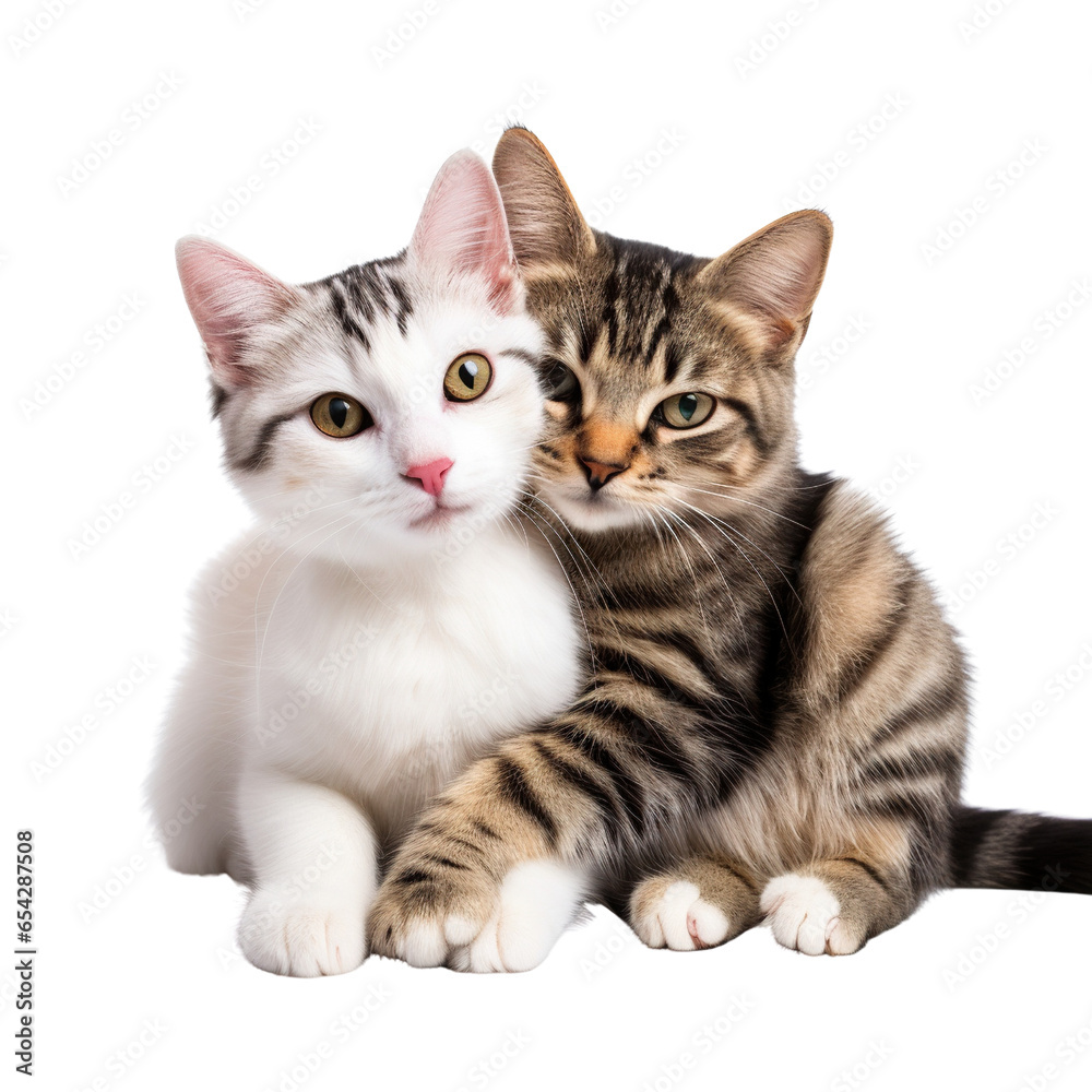 Tabby cat and white cat hugging isolated on white background