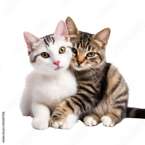 Tabby cat and white cat hugging isolated on white background