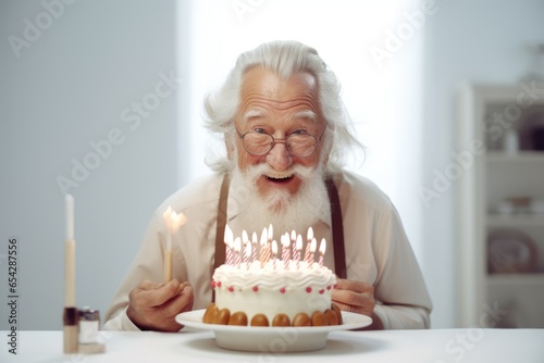 A man with a white beard holds a lit candle in front of a cake. This image can be used for birthday celebrations or special occasions.