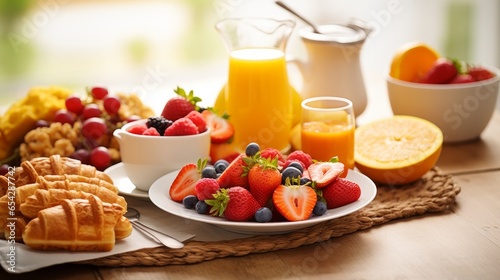 Huge healthy breakfast on table with coffee, orange juice, fruits, waffles and croissants. Selective focus