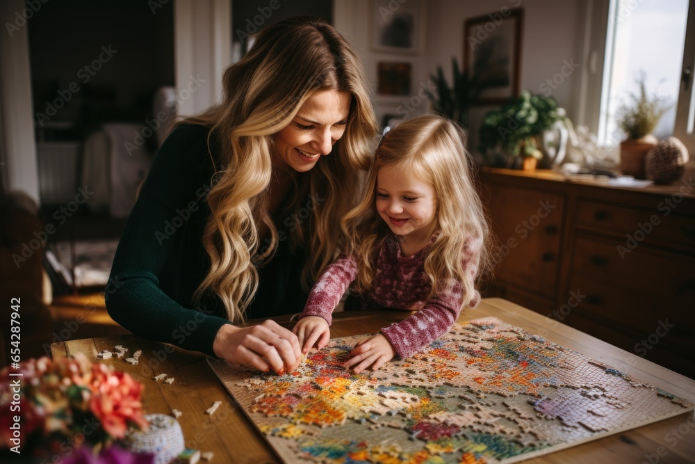 Mother and daughter enjoy playing jigsaw puzzles in the living room at home. AI generative