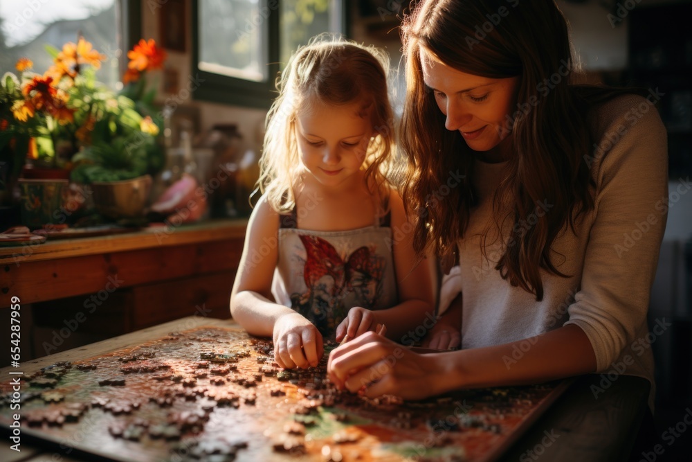 Fototapeta premium Mother and daughter enjoy playing jigsaw puzzles in the living room at home. AI generative