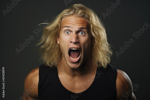 A man with long blonde hair making a funny face. This image can be used to add humor and lightheartedness to various projects.